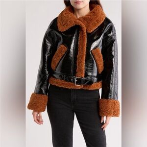 Blank NYC Faux Leather Shearling Trim Black brown Moto - Women's Jacket Size S